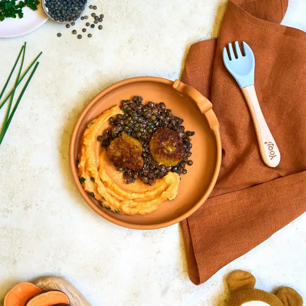 Les Croquettes de haricots verts, purée de butternut et lentilles